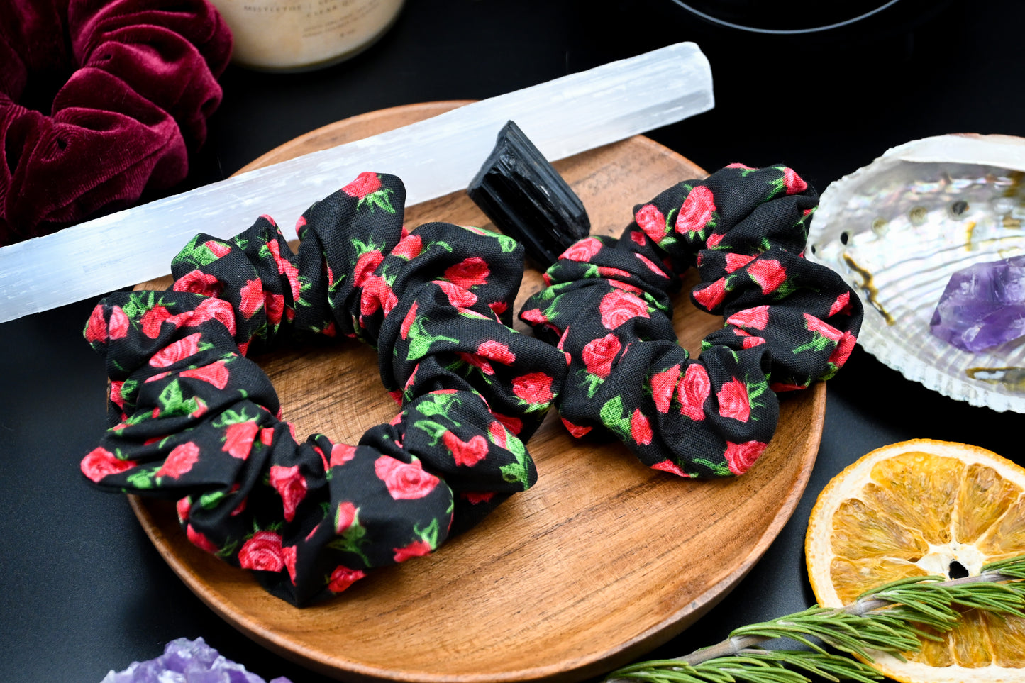 Black and Red Rose Scrunchie