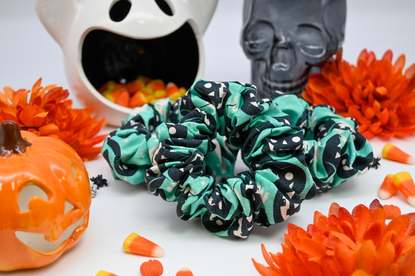 Turquoise Pumpkin and Ghost Scrunchie