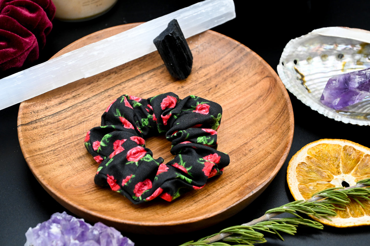 Black and Red Rose Scrunchie