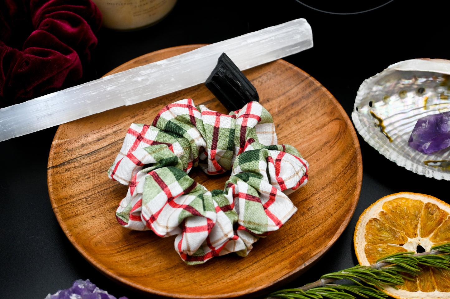 Cream, Red, and Green Plaid Scrunchie