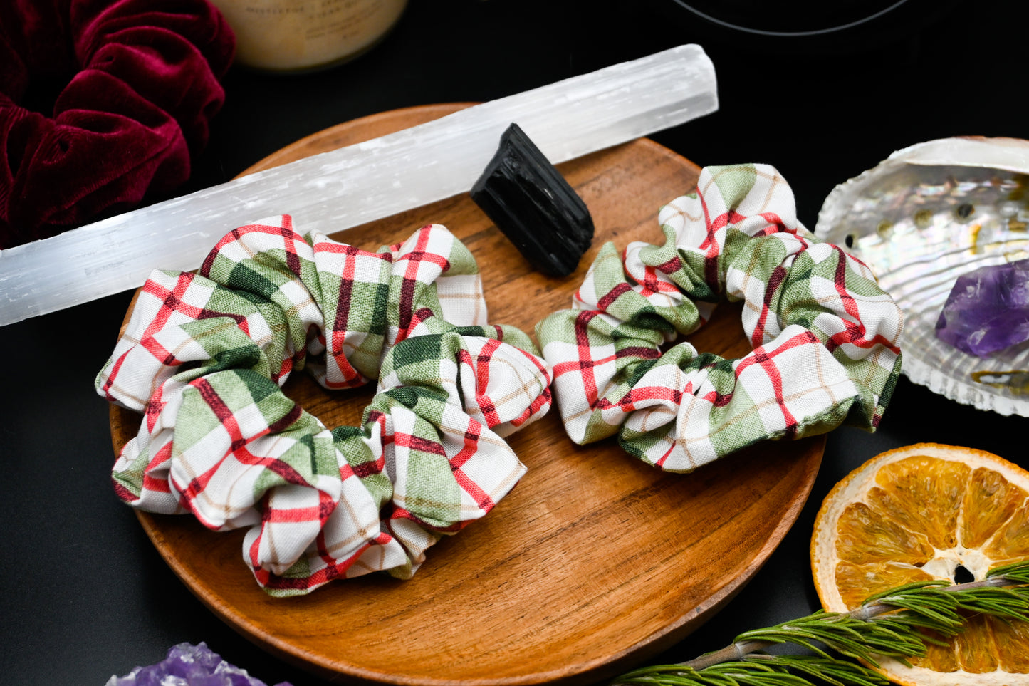 Cream, Red, and Green Plaid Scrunchie