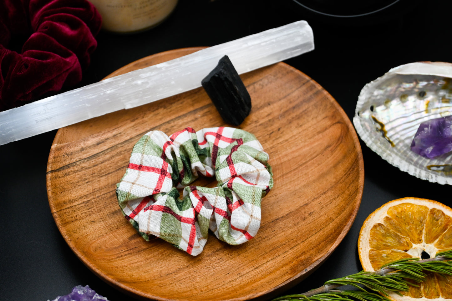 Cream, Red, and Green Plaid Scrunchie