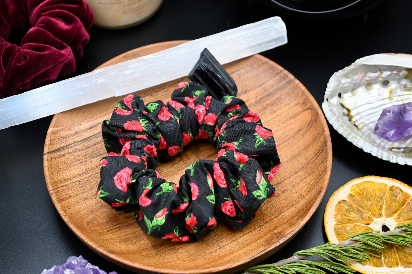 Black and Red Rose Scrunchie